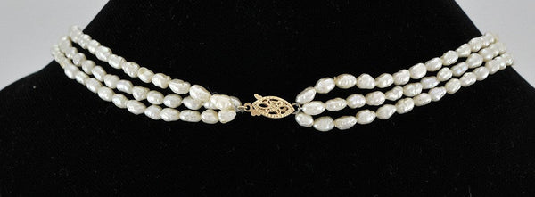 Pretty Triple Strand Genuine Pearl and 14K Yellow Gold Necklace Filigree Clasp