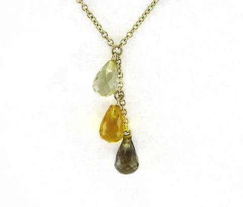 High End 14K Gold Natural Citrine & Smoky Quartz Gemstone Dangle Chain Necklace