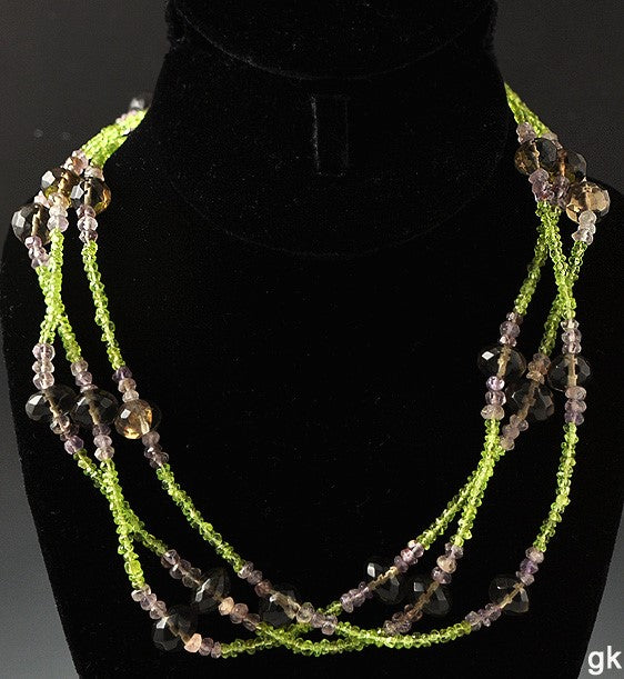 Genuine Tumbled Peridot Amethyst and Topaz Stone Beaded Necklace Sterling Clasp