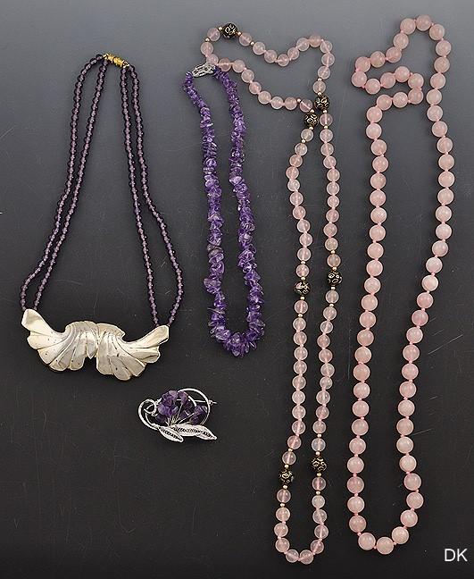 5 Pc Purple and Rose Quartz Beaded Costume Lot Necklaces w/ Pin/Brooch Cloisonne