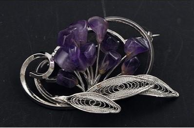 5 Pc Purple and Rose Quartz Beaded Costume Lot Necklaces w/ Pin/Brooch Cloisonne