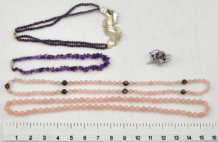 5 Pc Purple and Rose Quartz Beaded Costume Lot Necklaces w/ Pin/Brooch Cloisonne
