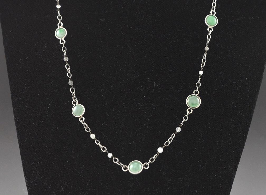 Lovely 800 Purity Silver and Genuine Jade Necklace 32"