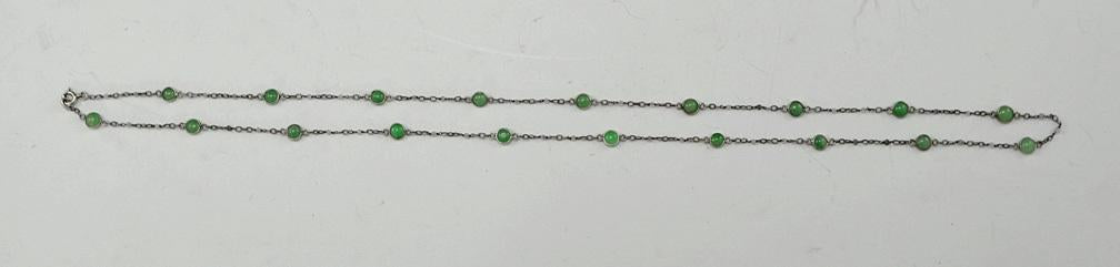 Lovely 800 Purity Silver and Genuine Jade Necklace 32"