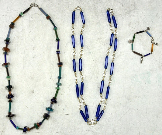 3pc Glass Beaded Necklaces and Bracelet Colorful Sterling Clasps and Charms