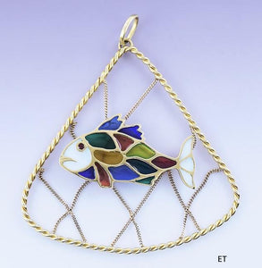 Beautiful 18k Gold & Plique A Jour Enamel Fish in Net Pendant