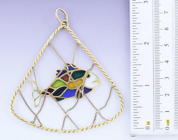 Beautiful 18k Gold & Plique A Jour Enamel Fish in Net Pendant