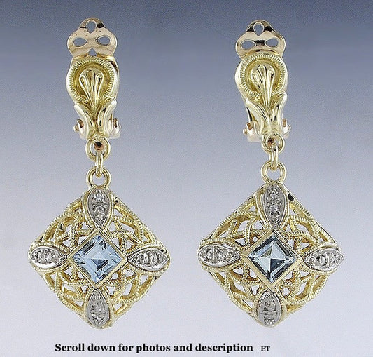 Pretty Pair 14k Yellow Gold Aquamarine Diamond Filigree Dangle Clip On Earrings
