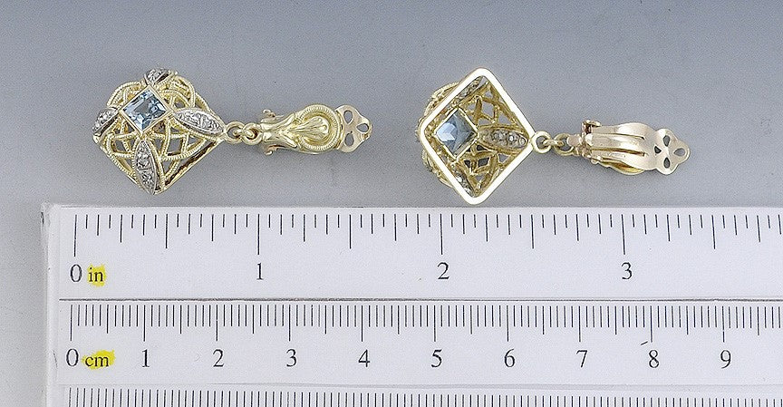 Pretty Pair 14k Yellow Gold Aquamarine Diamond Filigree Dangle Clip On Earrings