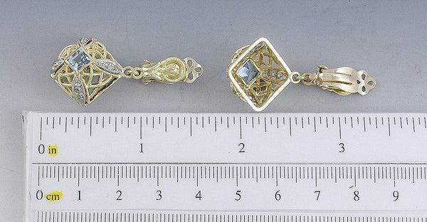 Pretty Pair 14k Yellow Gold Aquamarine Diamond Filigree Dangle Clip On Earrings