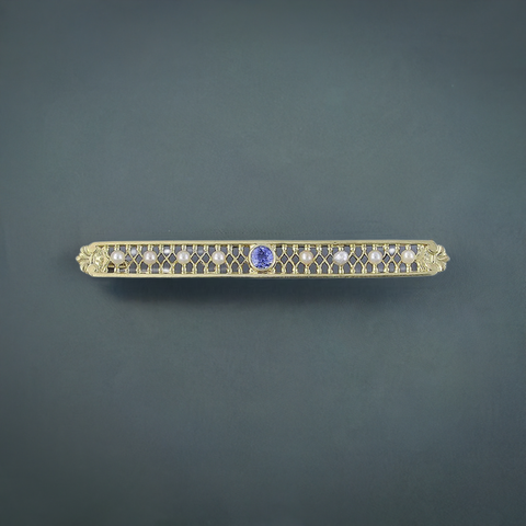 Antique c1910s-1930s American Sapphire Pearl 14k Gold Filigree Bar Pin Brooch