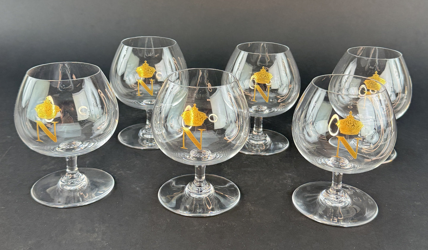 Exquisite Set 6 Baccarat Gilt Napoleon Crown Brandy Cognac Snifters Wine Glasses
