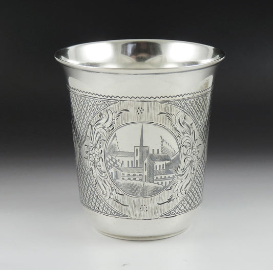 Antique 1867 Russian Moscow Niello Enamel Silver Church Scene Vodka Beaker Cup
