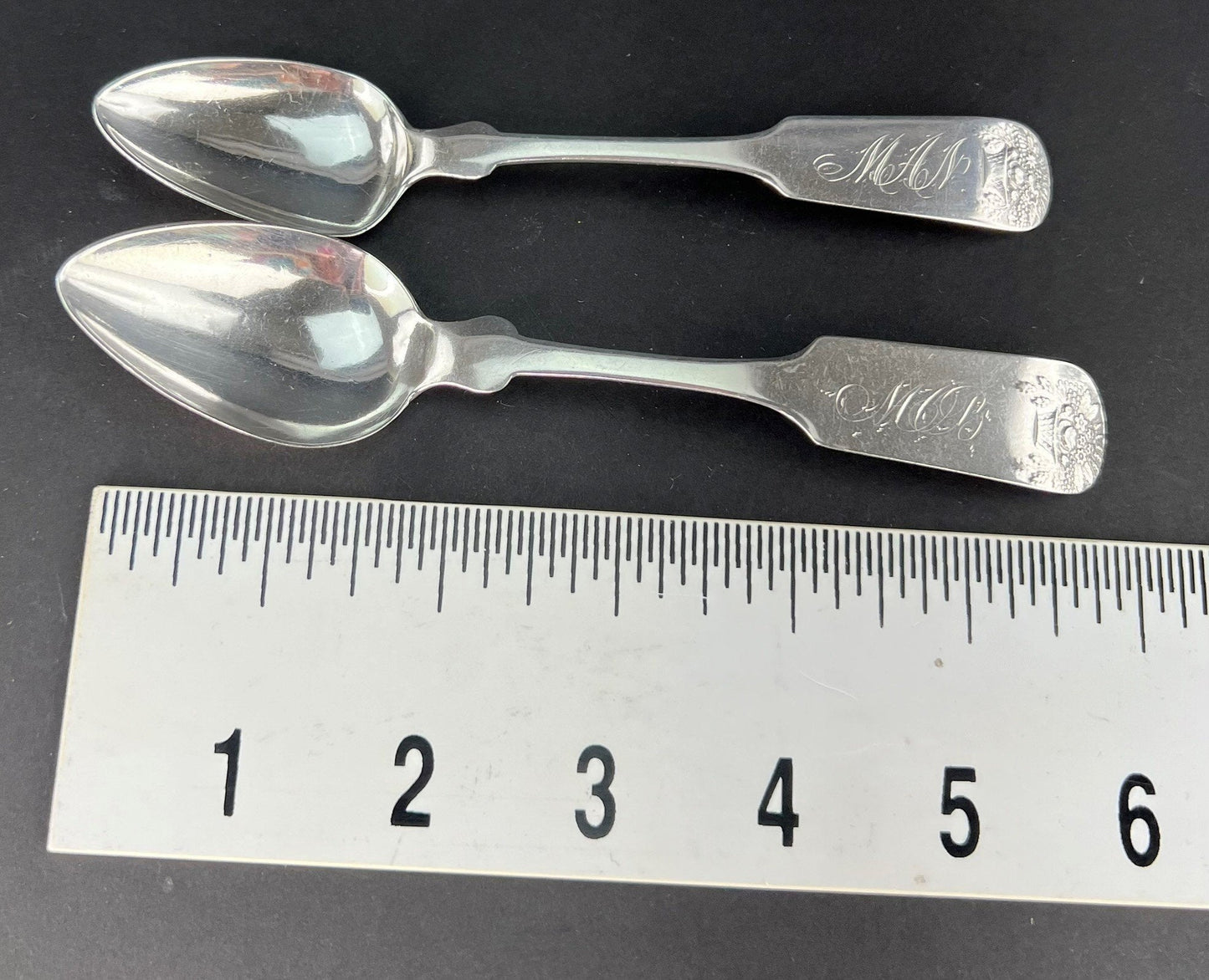 Superb Set 9 c1830s American Coin Silver Basket of Flowers Teaspoons Spoons