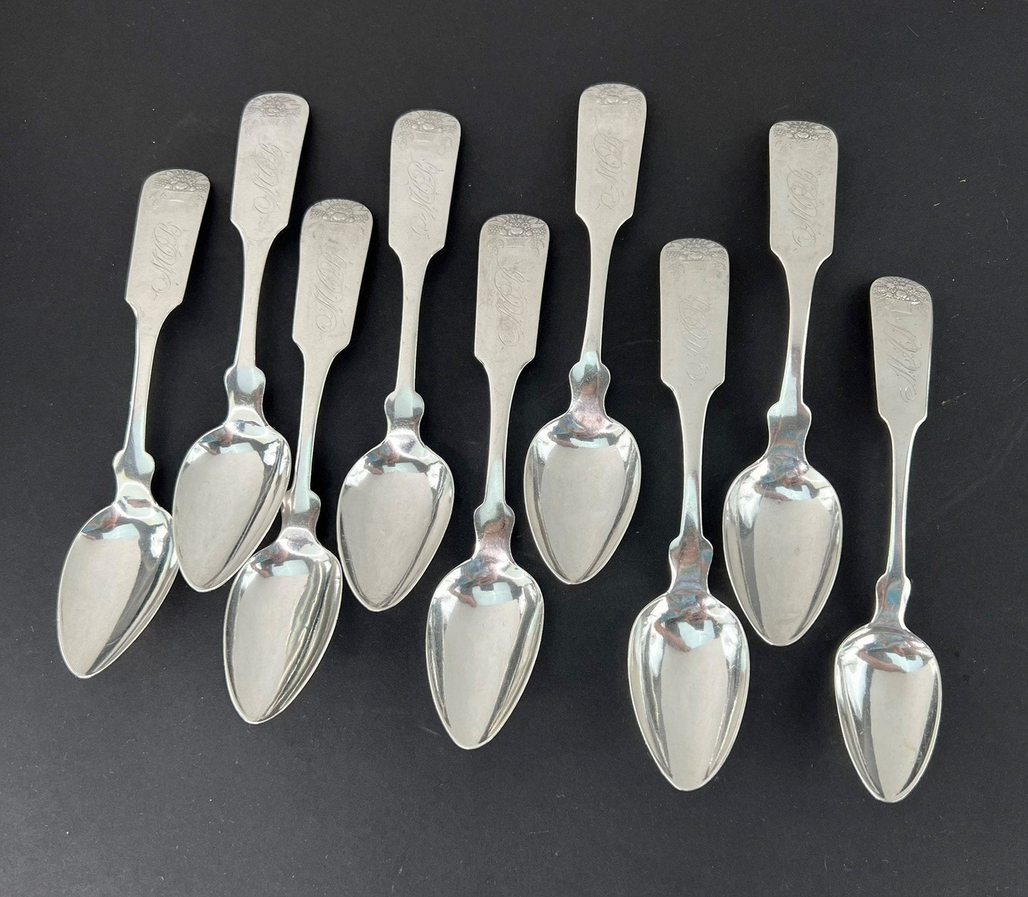 Superb Set 9 c1830s American Coin Silver Basket of Flowers Teaspoons Spoons