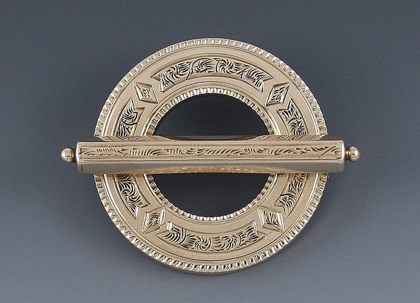 Antique Mid 1800s Victorian 14k Yellow Gold Engraved Circle Pin Brooch