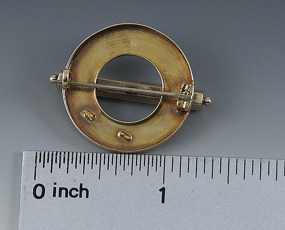 Antique Mid 1800s Victorian 14k Yellow Gold Engraved Circle Pin Brooch