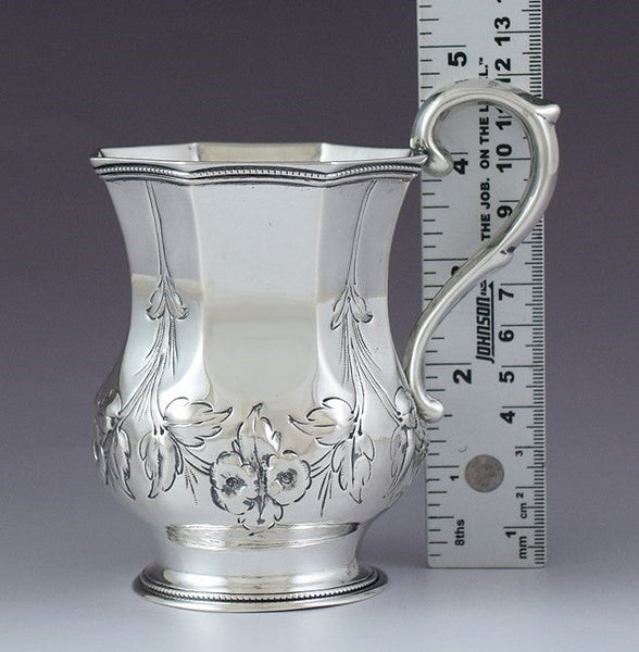 Antique c1850 American Coin Silver Repousse Flower Single Handle Cup Mug