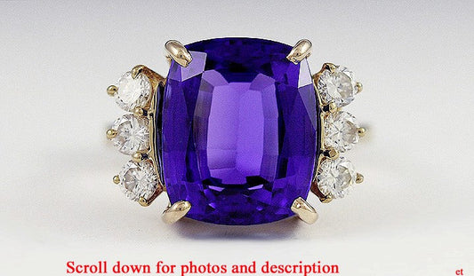 Fabulous 14K Yellow Gold Vivid Purple Tanzanite & Diamond Large Cocktail Ring