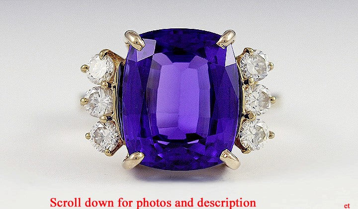 Fabulous 14K Yellow Gold Vivid Purple Tanzanite & Diamond Large Cocktail Ring