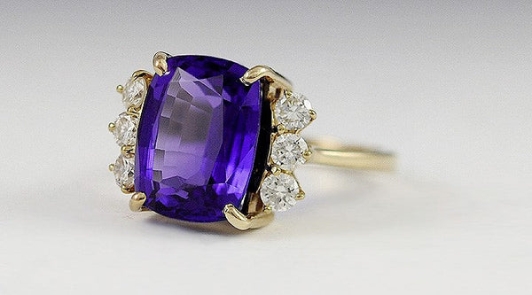 Fabulous 14K Yellow Gold Vivid Purple Tanzanite & Diamond Large Cocktail Ring