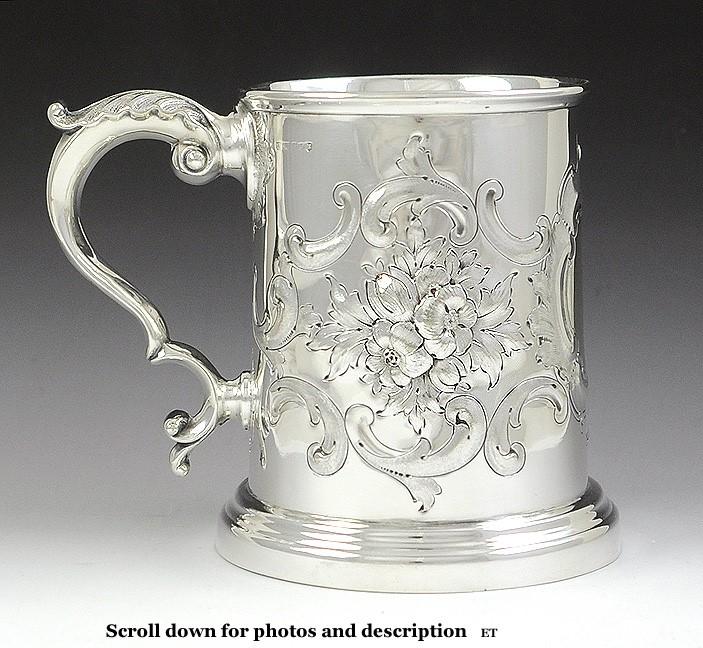 Antique 19th Century Silver Plate Repousse Glass Bottom Stein Mug Cup