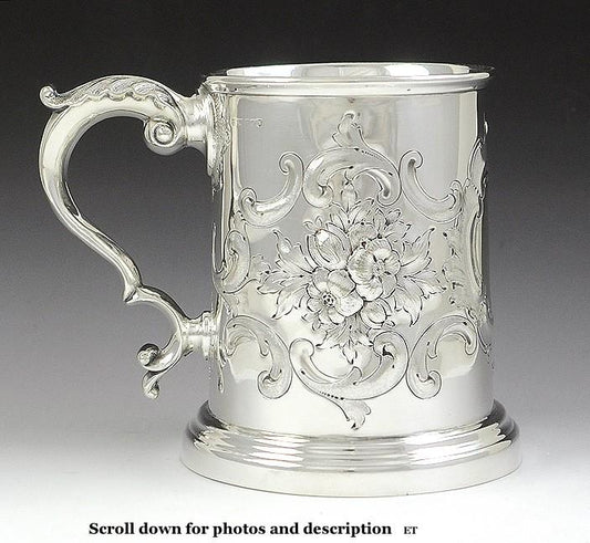 Antique 19th Century Silver Plate Repousse Glass Bottom Stein Mug Cup