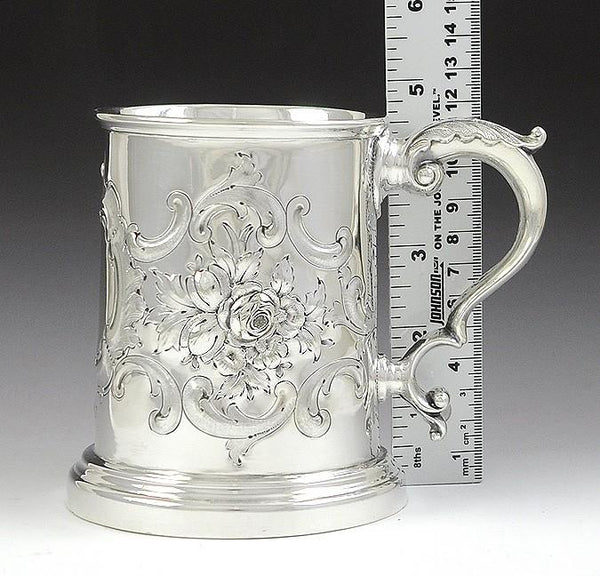Antique 19th Century Silver Plate Repousse Glass Bottom Stein Mug Cup