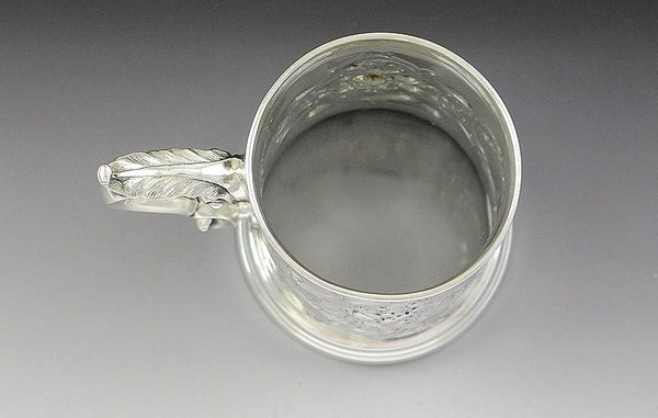 Antique 19th Century Silver Plate Repousse Glass Bottom Stein Mug Cup
