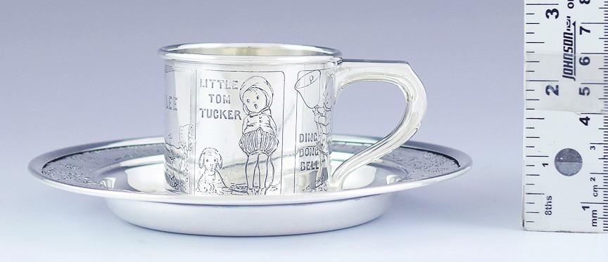 Charming American Sterling Silver Child's Cup & Saucer w/ Nursery Rhymes
