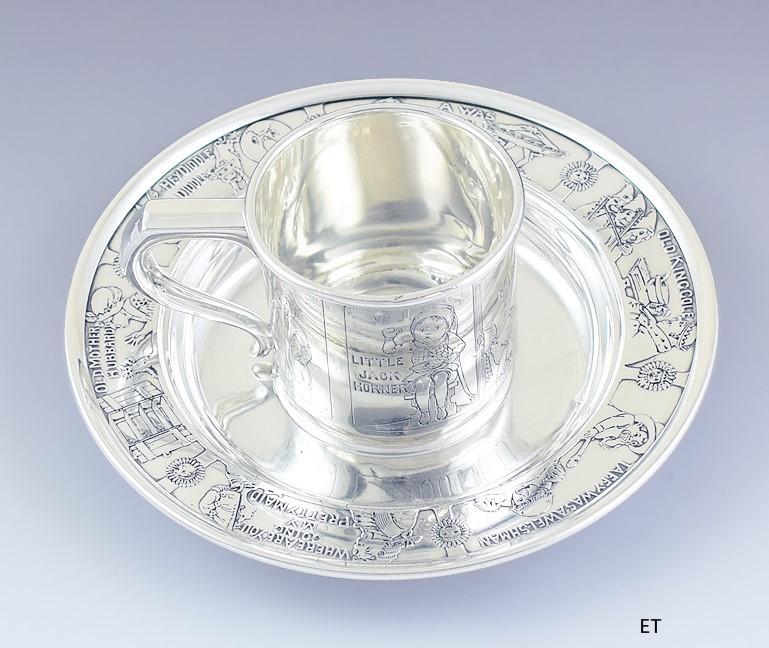 Charming American Sterling Silver Child's Cup & Saucer w/ Nursery Rhymes