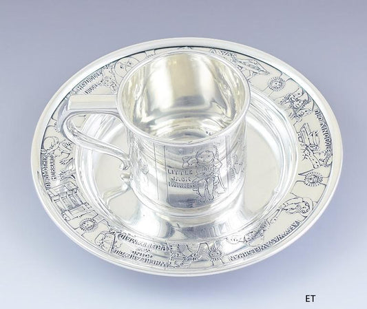 Charming American Sterling Silver Child's Cup & Saucer w/ Nursery Rhymes