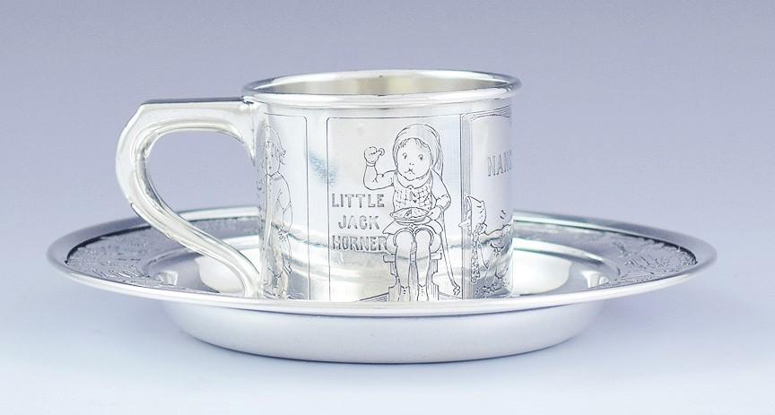 Charming American Sterling Silver Child's Cup & Saucer w/ Nursery Rhymes