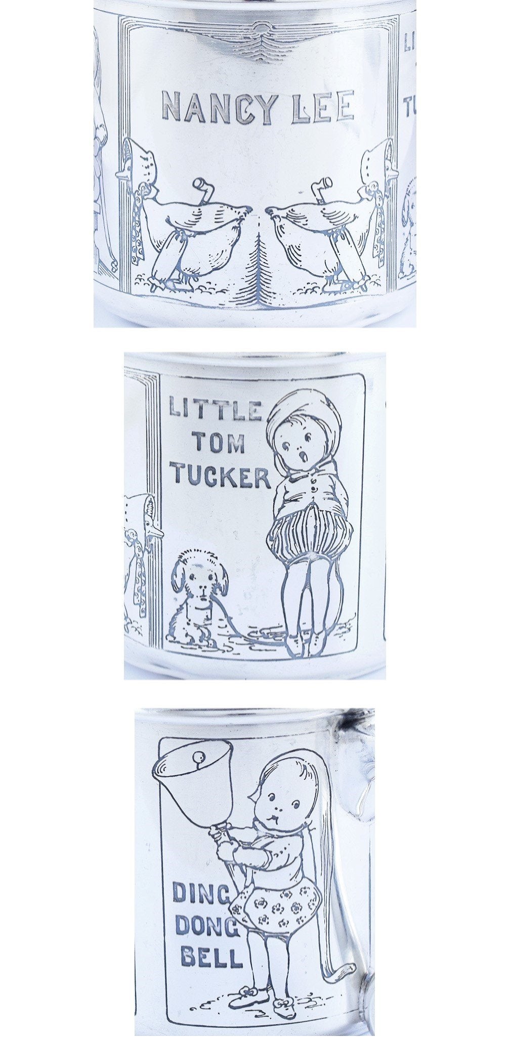 Charming American Sterling Silver Child's Cup & Saucer w/ Nursery Rhymes