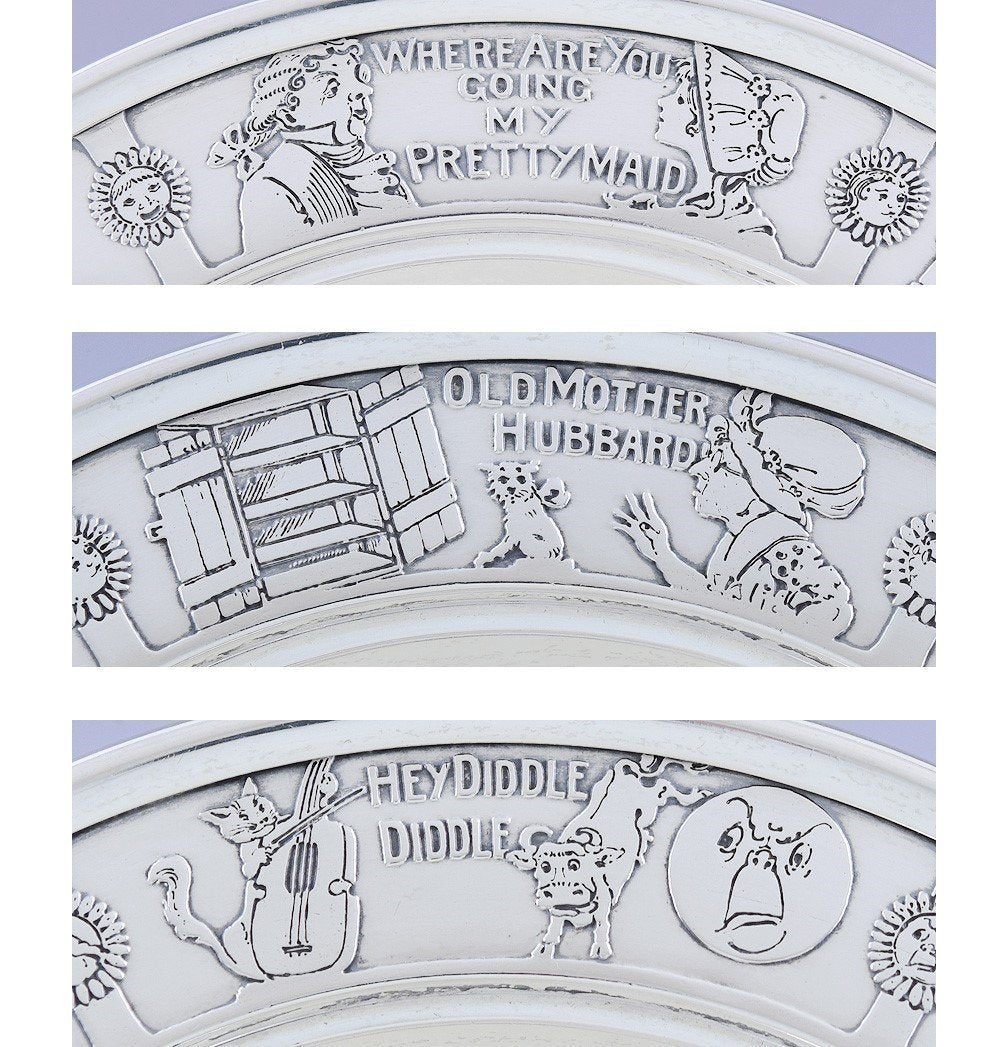 Charming American Sterling Silver Child's Cup & Saucer w/ Nursery Rhymes