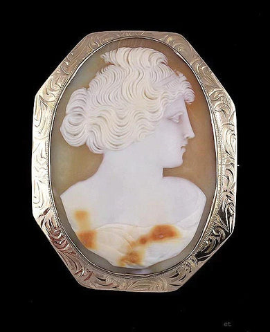 Vintage 1920s Fine Quality 14k Gold Cameo of a Young Woman Brooch Pin