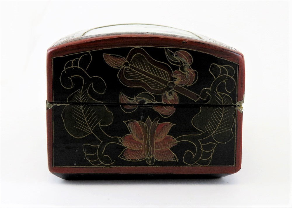 c1920s Antique Chinese Lacquer Box With Painted Roses on Porcelain Inlay