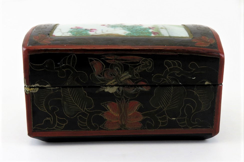c1920s Antique Chinese Lacquer Box With Painted Roses on Porcelain Inlay