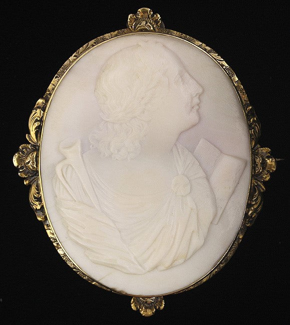 c1930s Greek Muse of History Clio Kleio Antique Cameo 14k Yellow Gold Pin Brooch