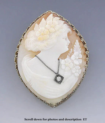 c1920 Carved Cameo Of A Pretty Young Woman 14k Gold Filigree Diamond Pin/Brooch