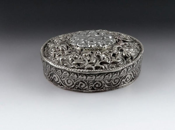 Antique 1890 Handcrafted Asian Silver Brass Mixed Metal Round Trinket Box 2 1/2"