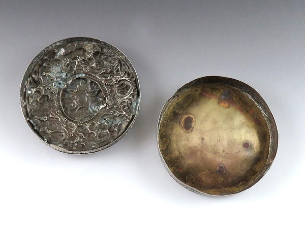 Antique 1890 Handcrafted Asian Silver Brass Mixed Metal Round Trinket Box 2 1/2"