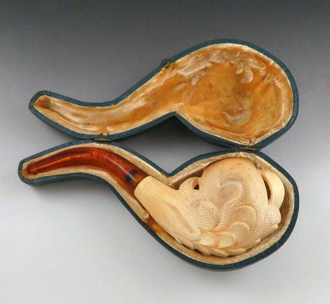 c1900 Hand Carved Meerschaum Eagle Claw Tobacco Pipe w Amber Mouthpiece