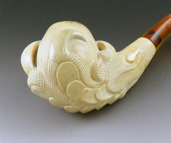 c1900 Hand Carved Meerschaum Eagle Claw Tobacco Pipe w Amber Mouthpiece