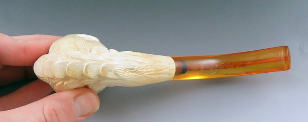 c1900 Hand Carved Meerschaum Eagle Claw Tobacco Pipe w Amber Mouthpiece