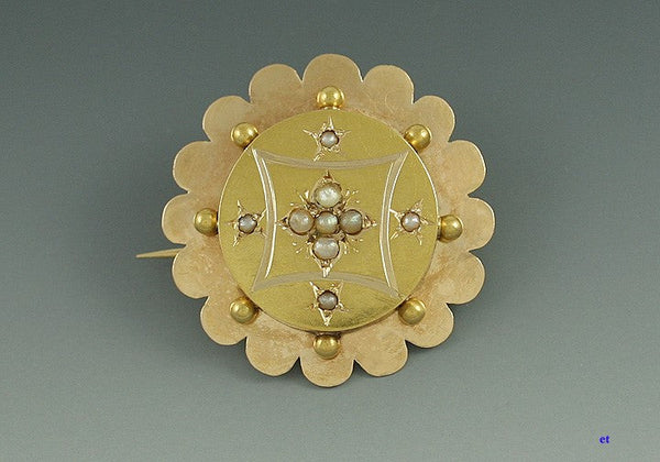 Charming Victorian 18k Gold Seed Pearl Flower Form Pin Brooch