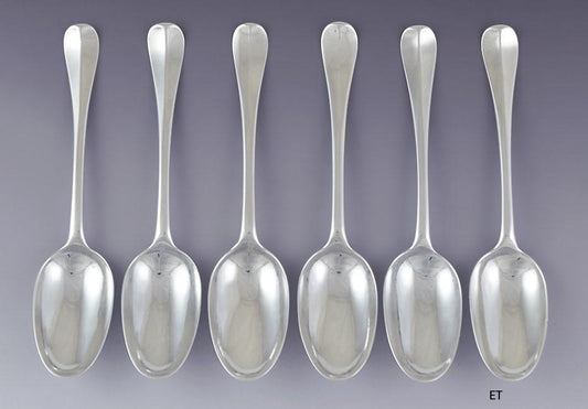 Superb Set 6 c1727 English Queen Anne Rattail 8" Soup Spoons w Greyhound Crest