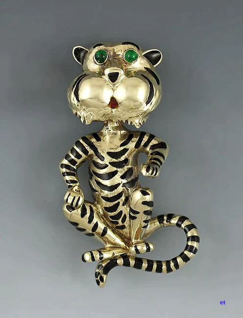 Fun 14k Yellow Gold Emeralds Enameled Tiger Cartoon Pin Brooch