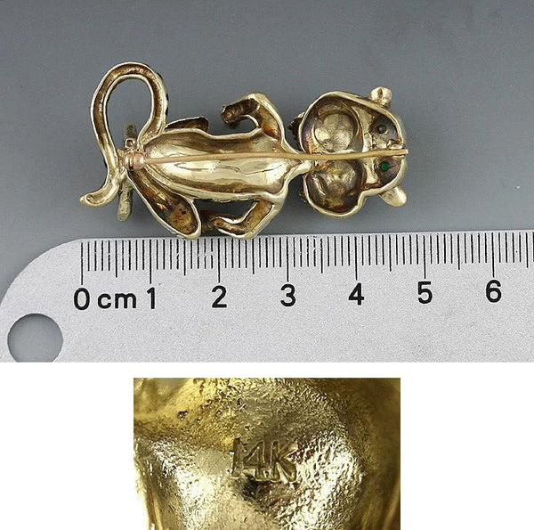 Fun 14k Yellow Gold Emeralds Enameled Tiger Cartoon Pin Brooch