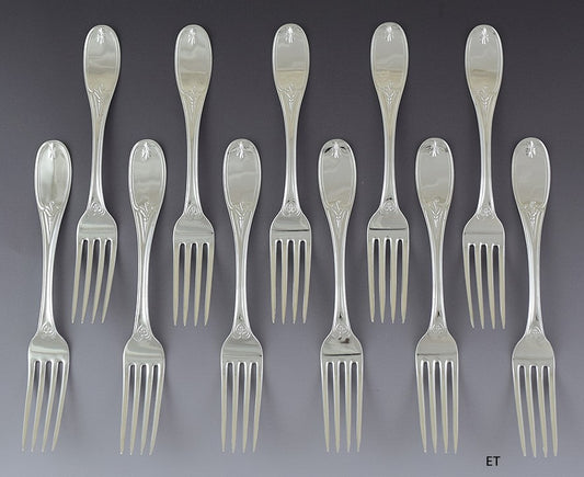 c1850s Superb set 11 American Coin Olive Tuscan Forks Palmer & Bachelder